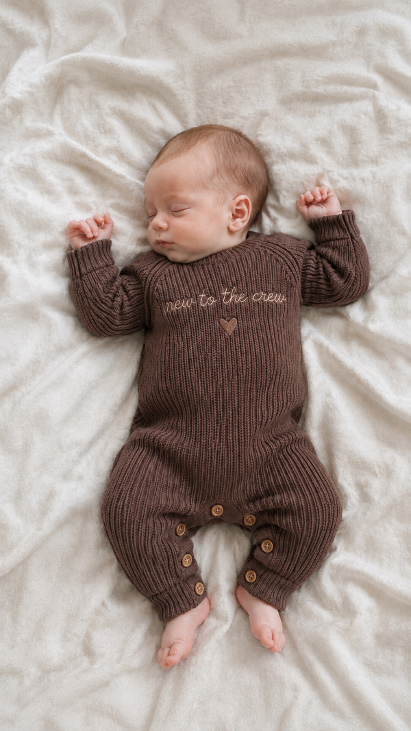 Neugeborenes Baby im braunen Strick Strampler Geschenk zur Geburt