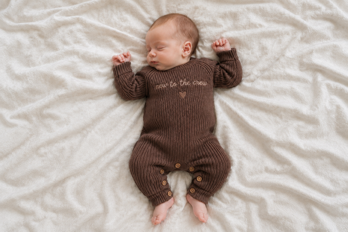 Neugeborenes Baby im braunen Strickoverall aus Baumwolle. Scandi Babybekleidung
